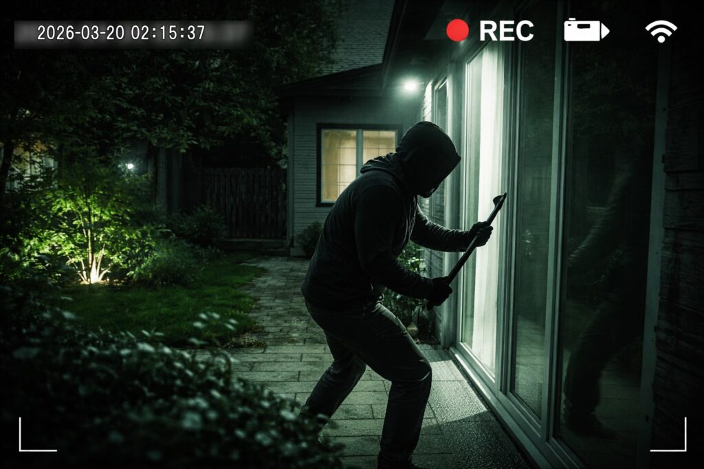 夜間にサッシを壊して侵入しようとする泥棒