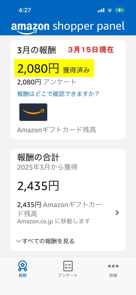 3月はまだ15日で2080円獲得